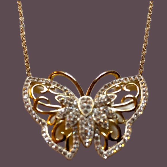 Gold Over Sterling Silver Crystal Butterfly Necklace - Picture 3 of 6